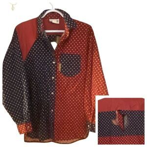 Vintage Banjo Dallas Texas Western Shirt Red Blue Polka Dot Patchwork Medium USA
